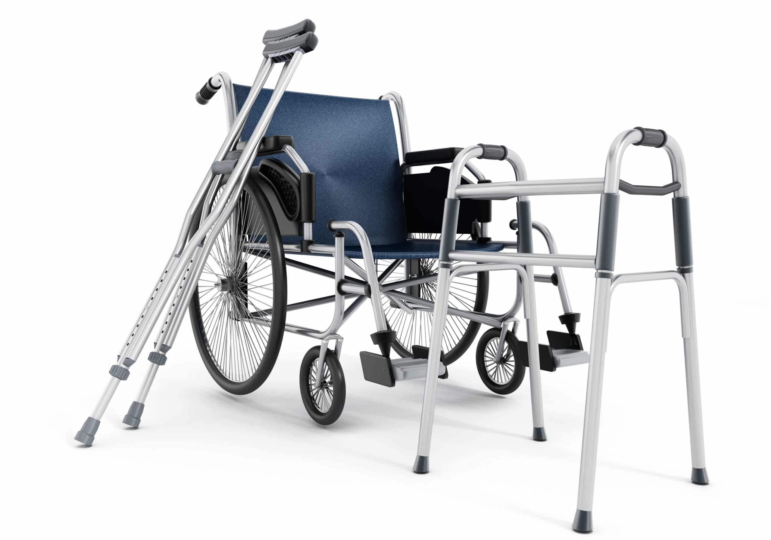 Wheelchair, crutches and walker isolated on white.